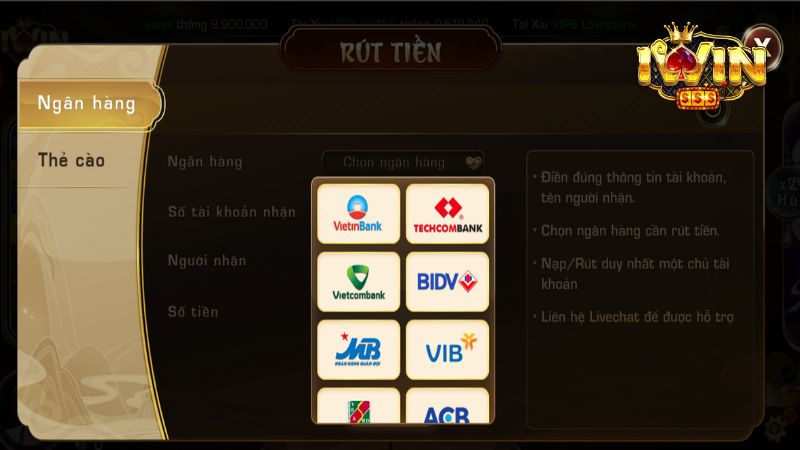 Rút tiền Iwin online qua tài khoản ngân hàng